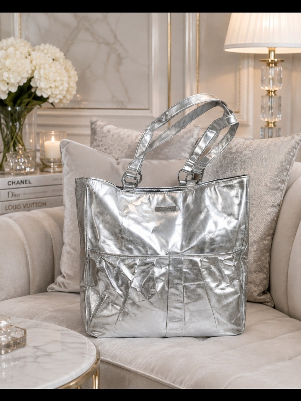 Clinique | Versatile Metallic Silver Pleated Tote Bag | Limited-Edition | NWOT